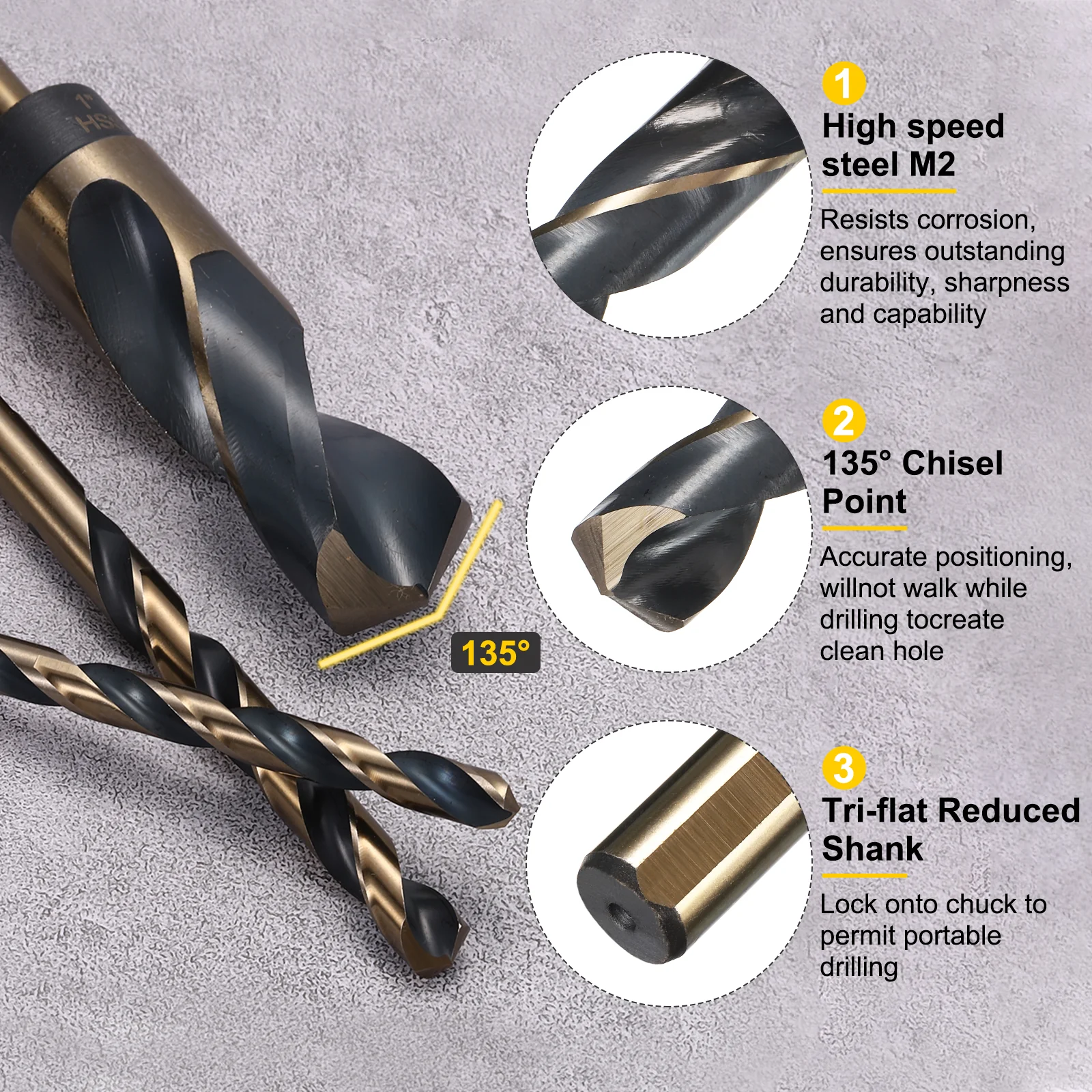 3pcs Reduced Shank Drill Bit 5/8" Dia M2 High Speed Steel Black and Gold Oxide - Image 4