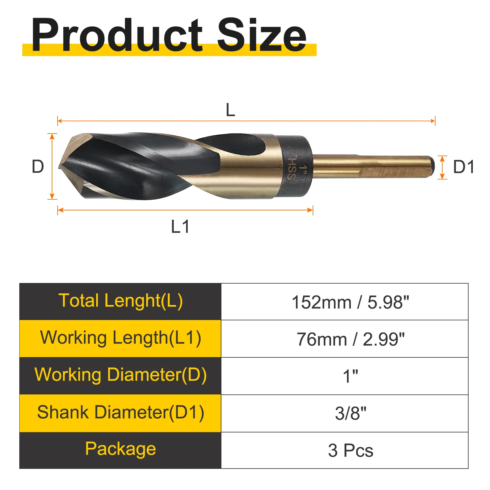 3pcs Reduced Shank Drill Bit 1" Dia M2 High Speed Steel Black Gold Oxide - Image 2