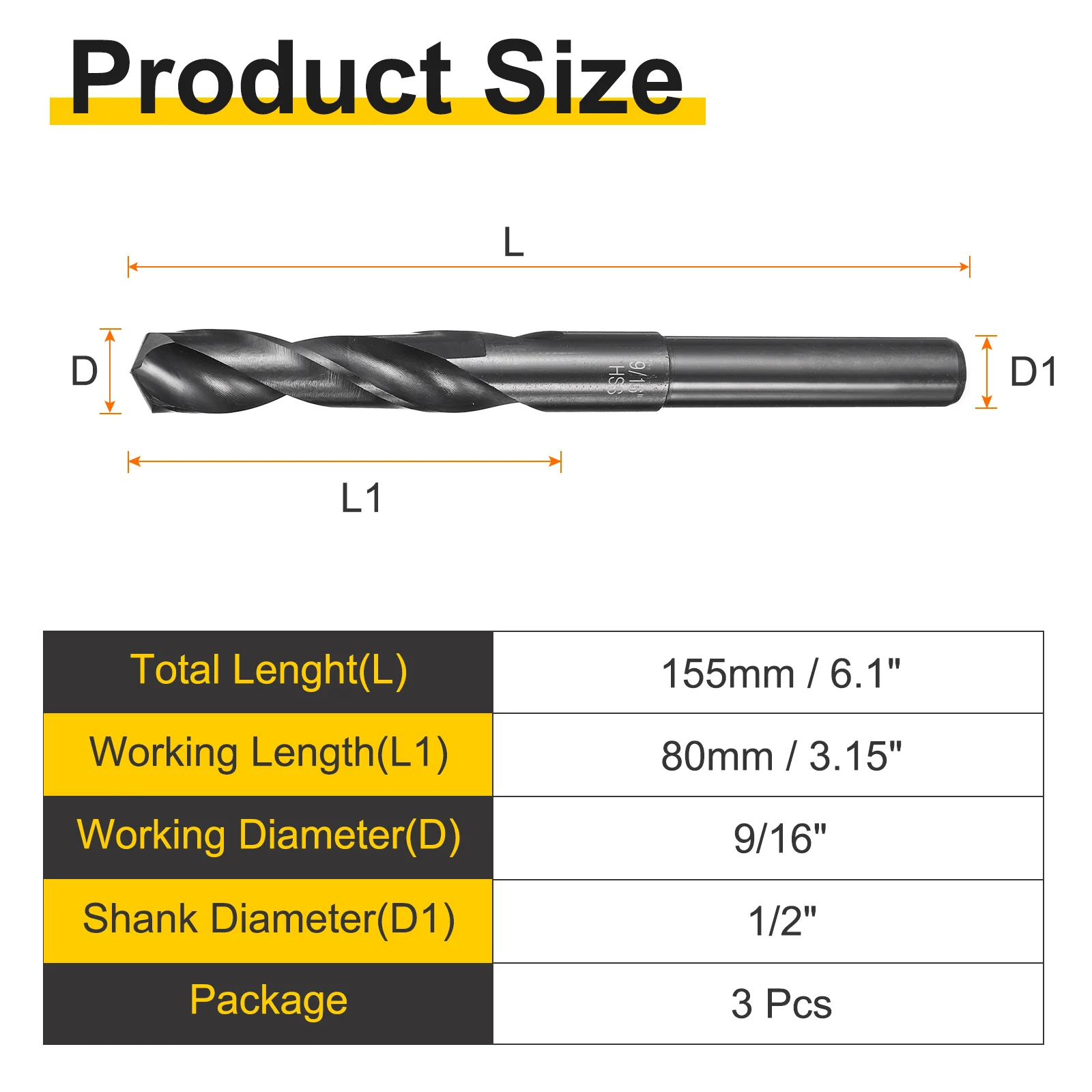 3pcs Reduced Shank Drill Bit 9/16" Dia M2 High Speed Steel Black Oxide - Image 2