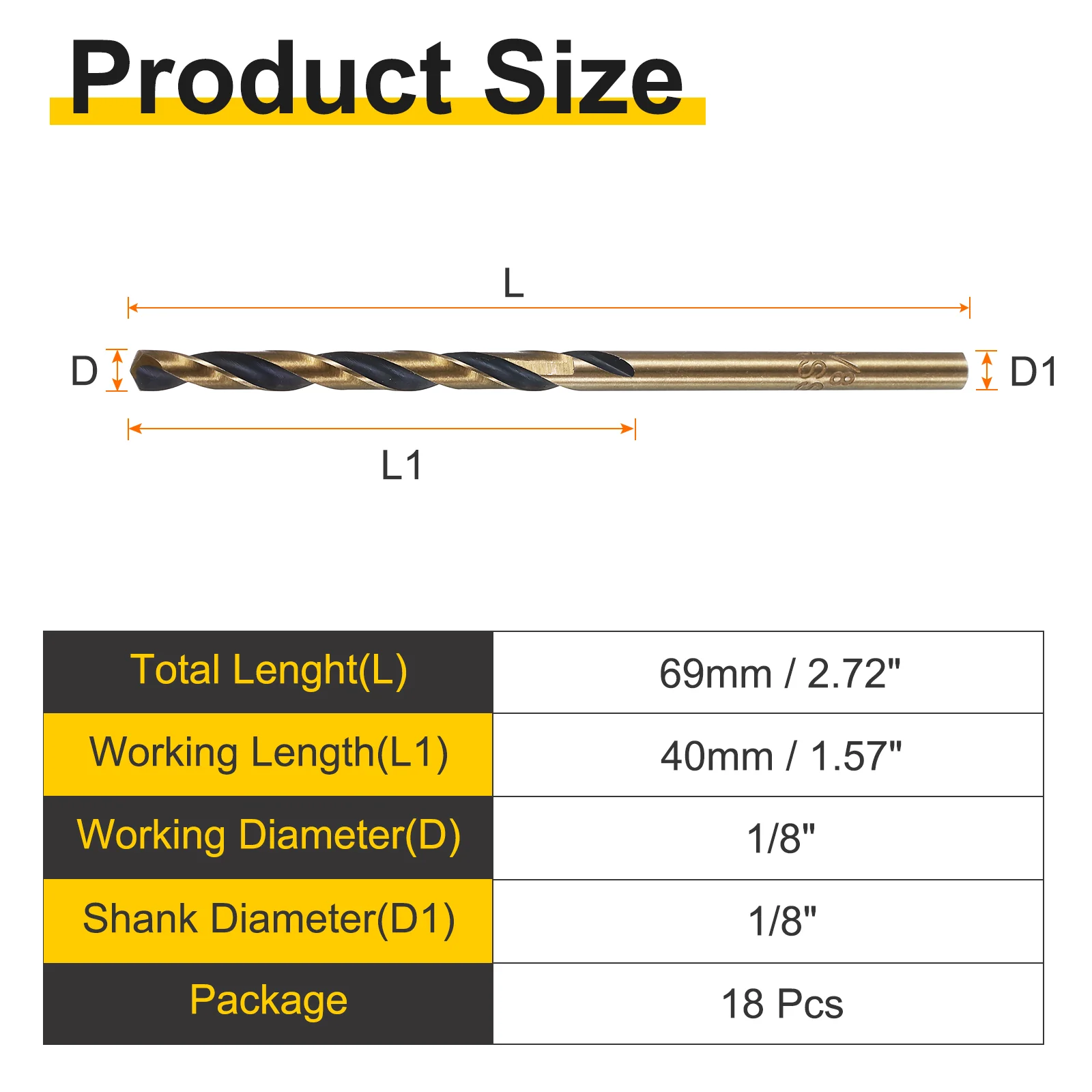 18pcs Reduced Shank Drill Bit 1/8" Dia M2 High Speed Steel Black and Gold Oxide - Image 2