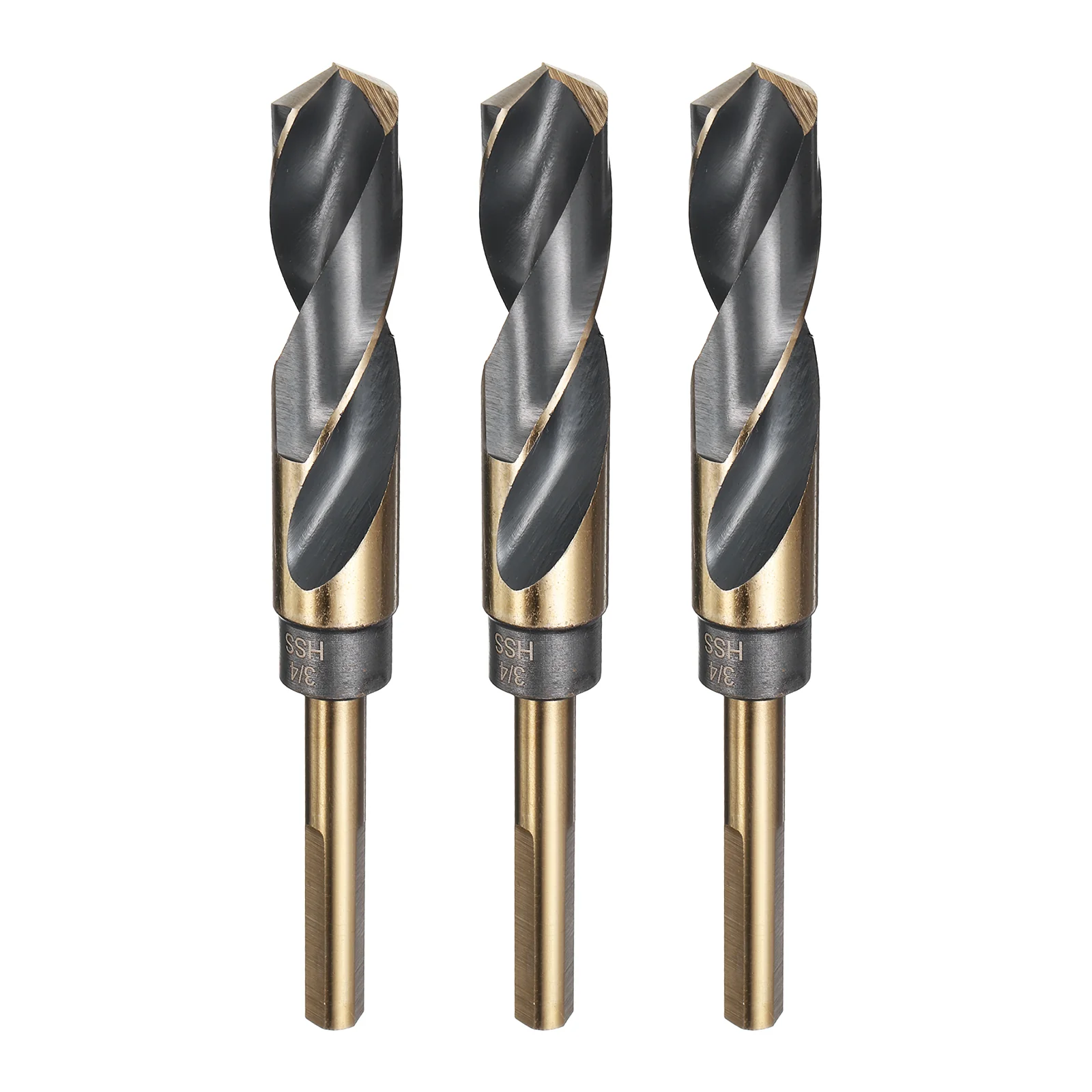 3pcs Reduced Shank Drill Bit 3/4" Dia M2 High Speed Steel Black & Gold Oxide