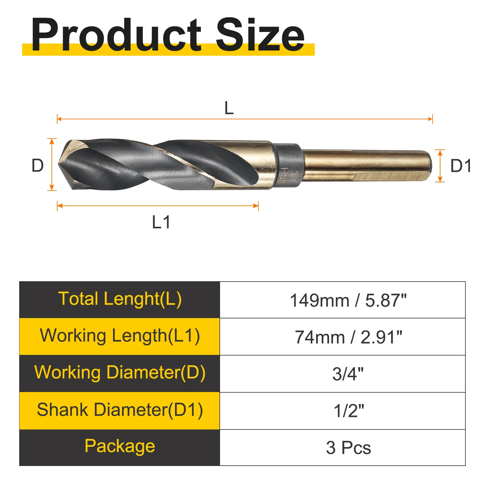 3pcs Reduced Shank Drill Bit 3/4" Dia M2 High Speed Steel Black and Gold Oxide - Image 2