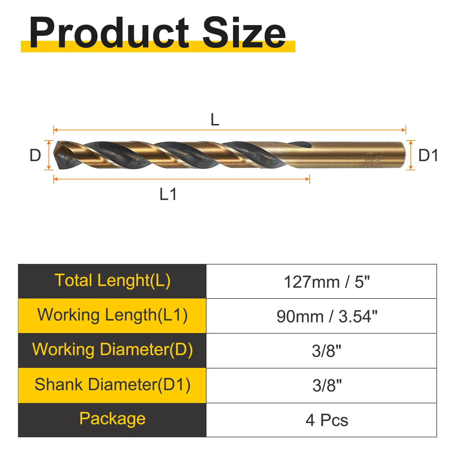 4pcs Reduced Shank Drill Bit 3/8" Dia M2 High Speed Steel Black and Gold Oxide - Image 2