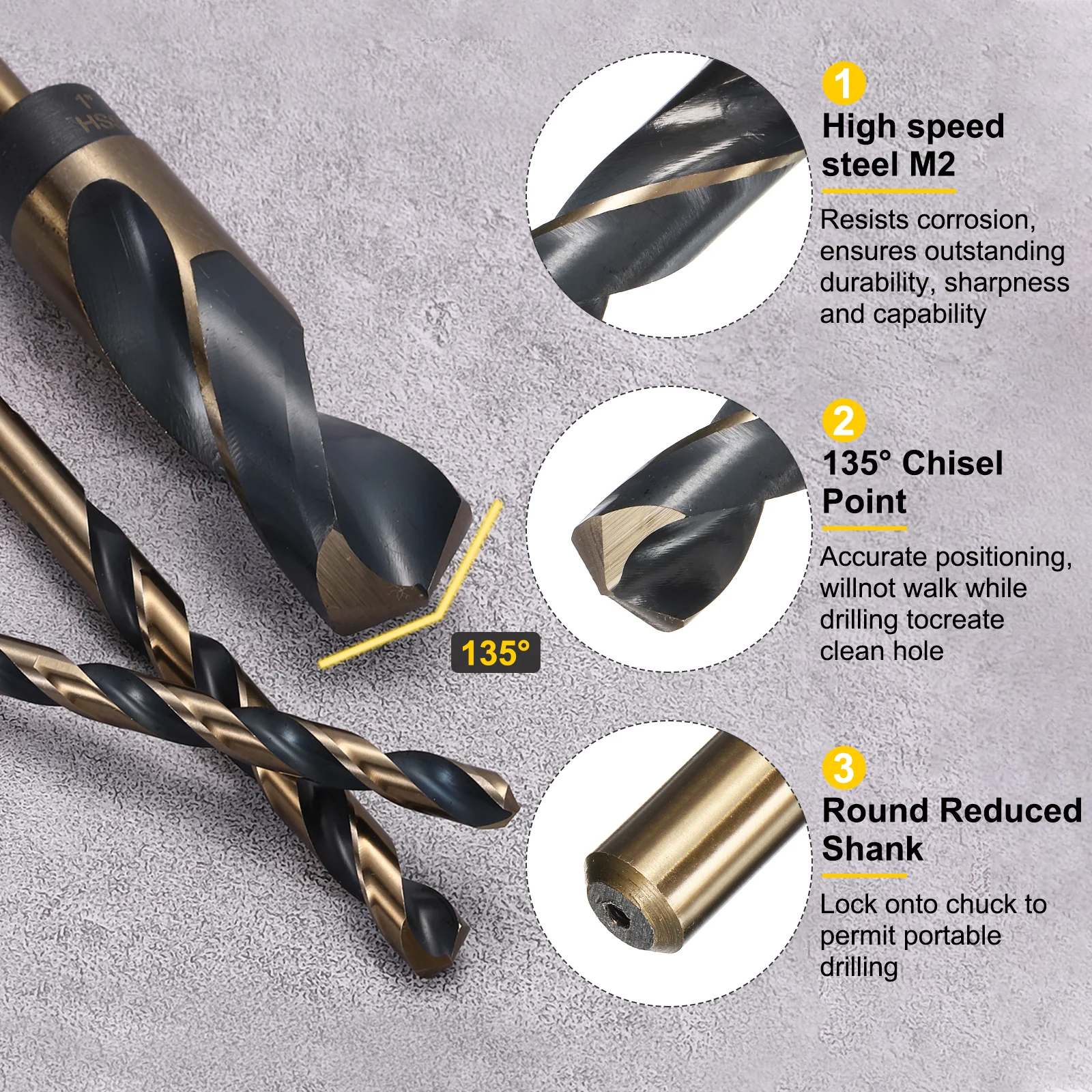 4pcs Reduced Shank Drill Bit 15" Dia M2 High Speed Steel Black and Gold Oxide - Image 4