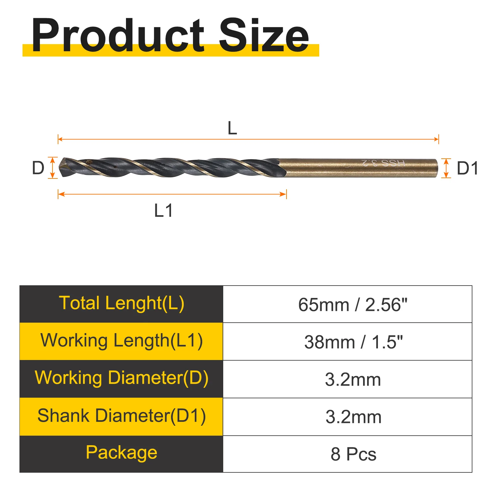 8pcs Reduced Shank Drill Bit 3.2" Dia M2 High Speed Steel Black and Gold Oxide - Image 2