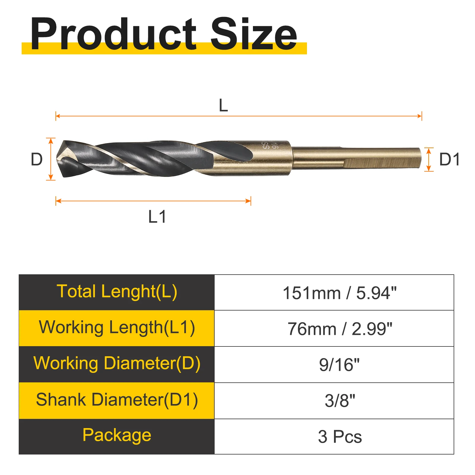 3pcs Reduced Shank Drill Bit 9/16" Dia M2 High Speed Steel Black & Gold Oxide - Image 2